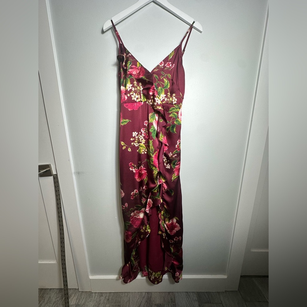 VICI Capriccio Satin Floral Ruffle  Burgundy Maxi Dress- Size Medium - Picture 11 of 17